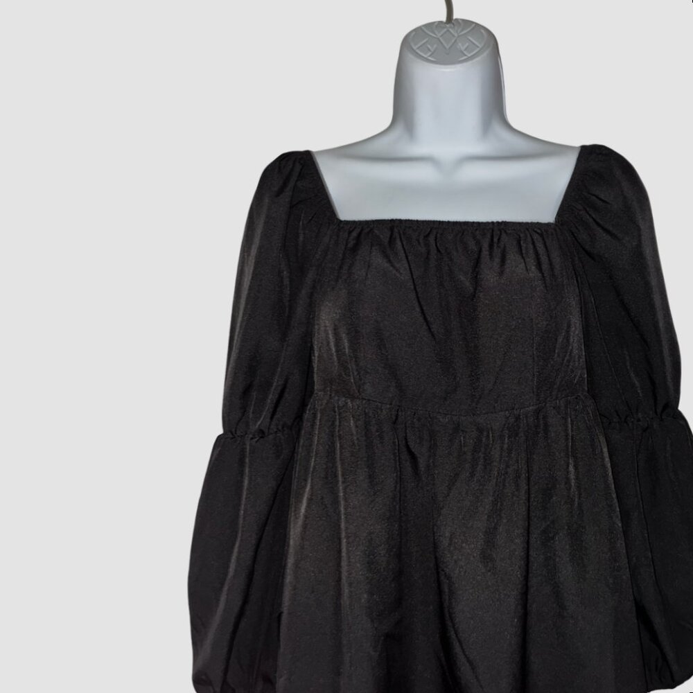 Sz.S*Exlura*Black 3/4 Sleeve Square Neckline Smocked Mini Dress - Picture 2 of 7